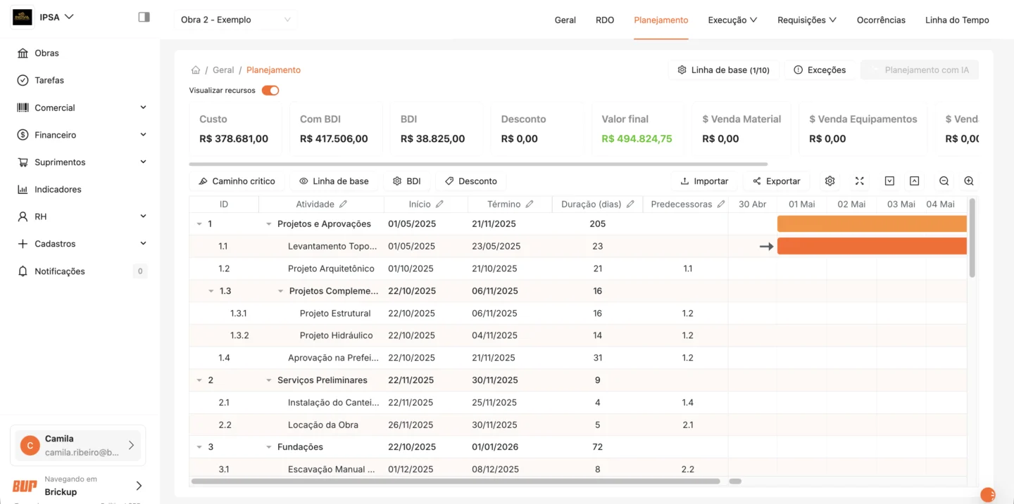 Tela do sistema Brickup dentro do módulo de planejamento, mostrando o cronograma físico-financeiro.